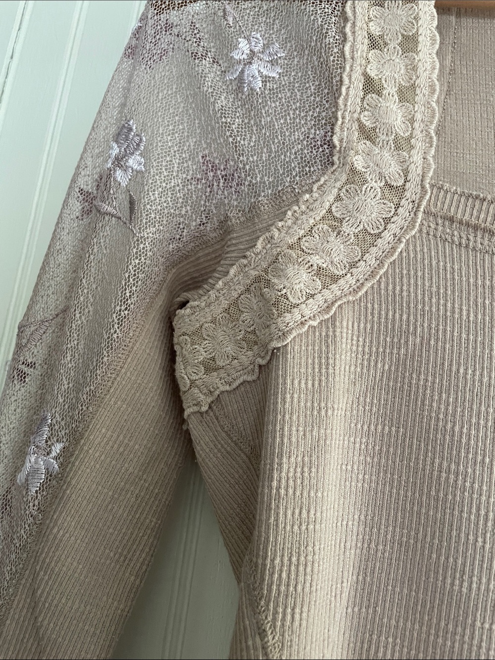 Free People Lace-Trim Embroidered Long Sleeve Scoop Top - Beige - Picture 3 of 7